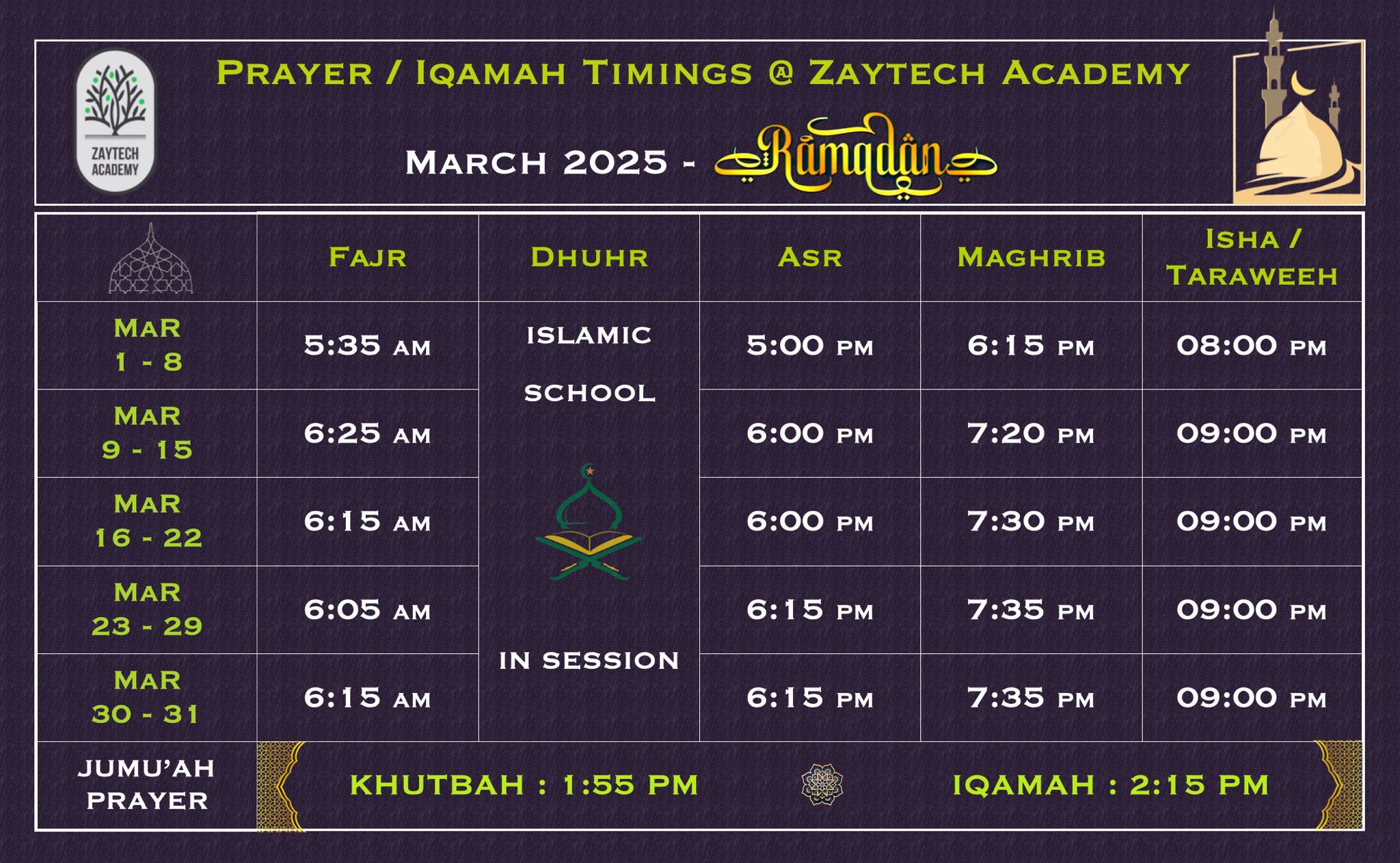Zaytech Academy 2025 Ramadan Prayer Calendar